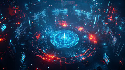 A glowing esports arena icon surrounded by player data, representing online platforms for competitive gaming analysis.  