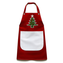 A festive red apron with a green Christmas tree design, perfect for holiday cooking and gatherings.