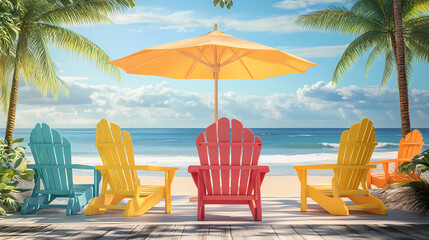 Serenity seaside retreat closeup of colorful beach chairs and umbrella on sunny shore, tranquil ocean background - ideal for travel promotions and vacation concepts. Blissful. Illustration