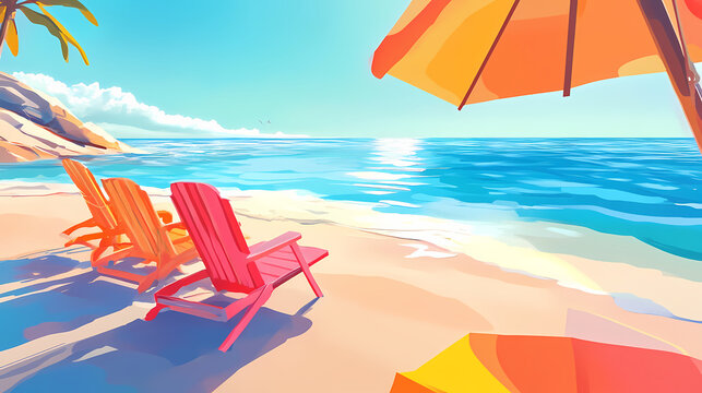 Serenity seaside retreat closeup of colorful beach chairs and umbrella on sunny shore, tranquil ocean background - ideal for travel promotions and vacation concepts. Blissful. Illustration