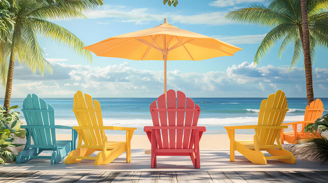 Serenity seaside retreat closeup of colorful beach chairs and umbrella on sunny shore, tranquil ocean background - ideal for travel promotions and vacation concepts. Blissful. Illustration