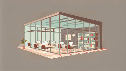 Vector illustration, interior of modern office with tables, office chairs and computers, shelves with documents and plants. Coworking area without people, open space, modern office interior.