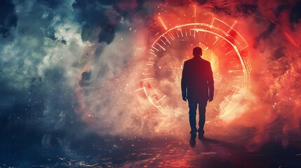 Fototapeta premium Man Walking Towards Futuristic Portal Cosmic Background Surreal Art