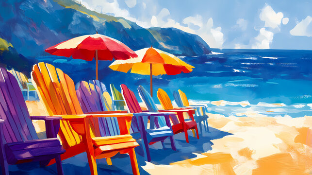 Serenity seaside retreat closeup of colorful beach chairs and umbrella on sunny shore, tranquil ocean background - ideal for travel promotions and vacation concepts. Blissful. Illustration