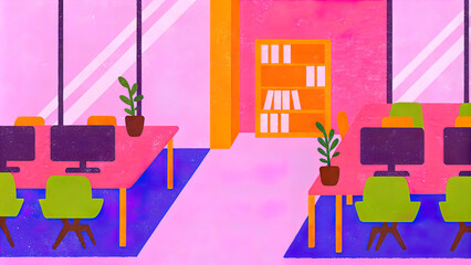 Vector illustration, interior of modern office with tables, office chairs and computers, shelves with documents and plants. Coworking area without people, open space, modern office interior.