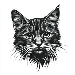 Closeup black and white illustration of a cat head