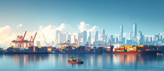 Busy harbor with cityscape and cargo ships at sunrise.