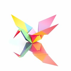 A vibrant paper crane made from rainbow-colored origami paper, floating above a calm lake with its reflection shimmering in the water.