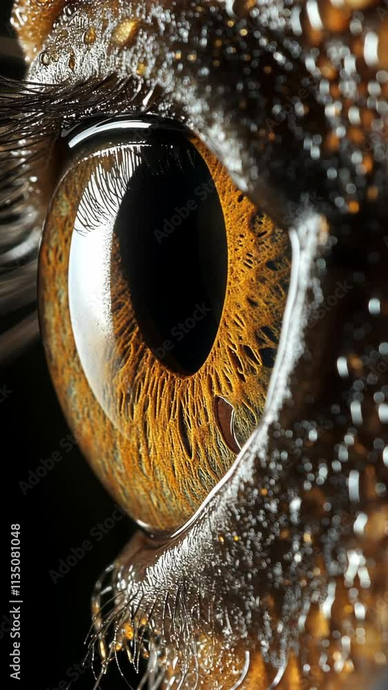 Poster close-up of a detailed eye showing intricate patterns and reflections captured in natural light