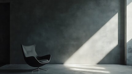 Dark room interior with a single armchair, sunlight streaming through a window.