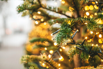 Christmas tree decoration and garland with golden bokeh lightening background.