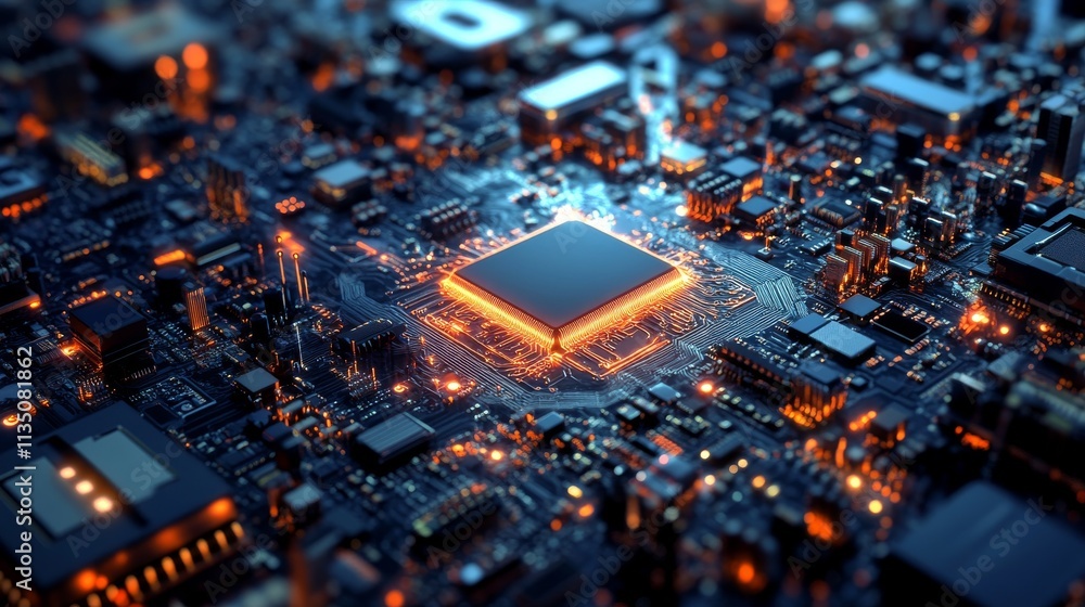 Poster a highly detailed close-up of a glowing microchip centered on a futuristic circuit board. the image 