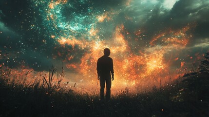 Fototapeta premium A lone man stands in a field under a vast, glowing cosmic sky filled with stars and nebulae. The scene evokes wonder and mystery, symbolizing humanity. AI Generation