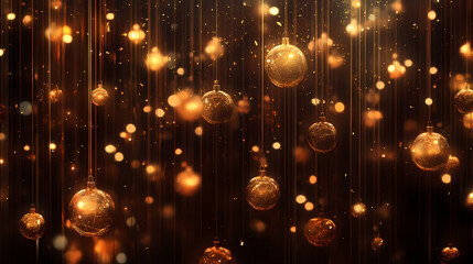 Dazzling golden baubles are suspended delicately against a rich backdrop of festive lights, exuding elegance and warmth that captures the splendor of the holiday season. Blissful. Illustration