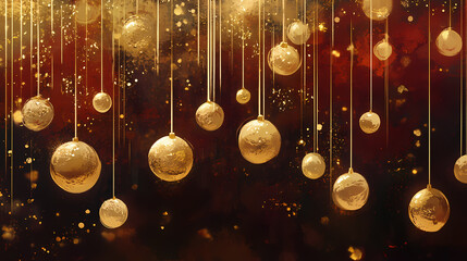 Dazzling golden baubles are suspended delicately against a rich backdrop of festive lights, exuding elegance and warmth that captures the splendor of the holiday season. Blissful. Illustration