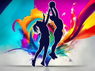 Sport Silhouette on Colorful Splash Background - Ladies netball players competing for ball in air