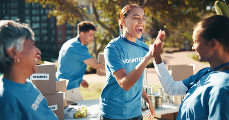 High five, volunteer and charity in teamwork for community service, project or nonprofit...
