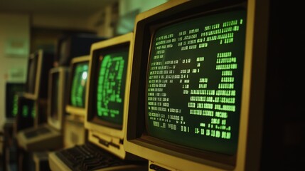 A lineup of vintage computer monitors showing green code in a dimly lit room. The image captures the essence of old technology, perfect for retro computing themes and hacker concepts.. AI Generation