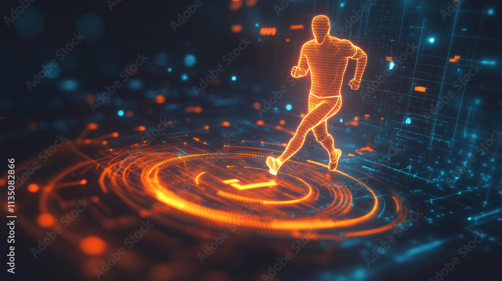 Poster a glowing fitness goal setting icon linked to progress data, representing online platforms for track