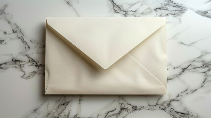 An elegant smooth paper envelop on a light white marble surface, overhead view.