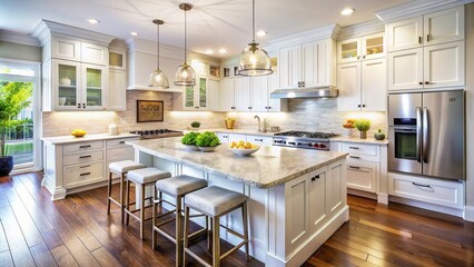 Modern White Kitchen with Sleek Granite Countertops Showcasing Contemporary Interior Design Elements and Stylish Details for a Bright and Functional Culinary Space