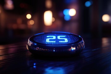 A futuristic digital display showing the number 25, illuminated in blue, rests on a dark wooden surface.
