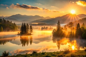 Fototapeta premium Serene sunrise: golden light bathes a tranquil landscape, capturing a peaceful morning scene.