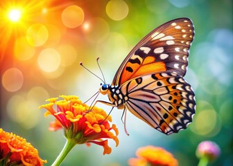 Fototapeta premium Rule of thirds composition showcases a vibrant Leopard Lacewing butterfly delicately resting on a blossom.