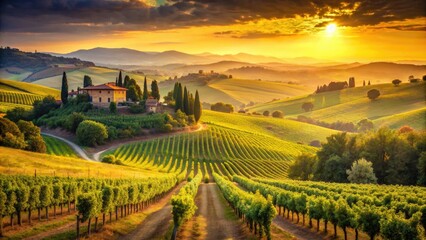 Rolling Tuscan hillsides, a vintage winery amongst vibrant vineyards, bursting with juicy red grapes under the summer sun.