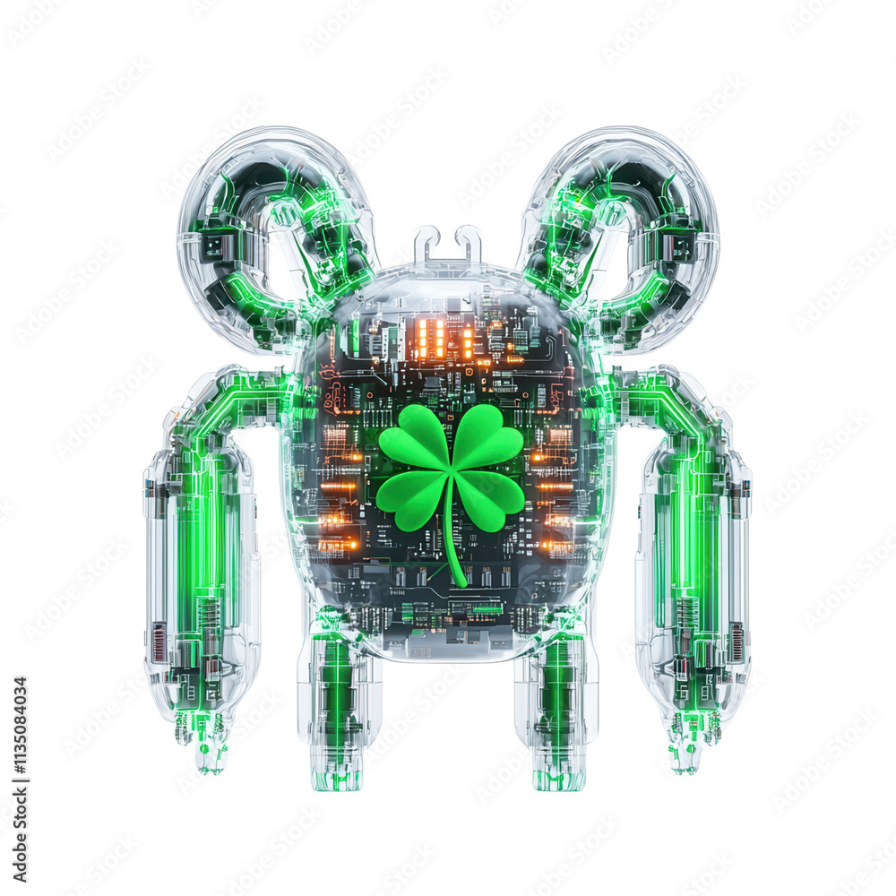 Poster a futuristic robotic figure featuring a central green shamrock design, adorned with circuit patterns