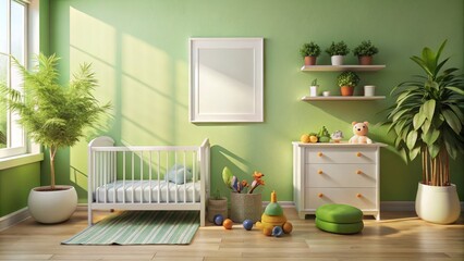 Overhead shot:  A white-framed nursery, charmingly decorated with toys, potted plants, creating a serene atmosphere.