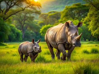 Obraz premium Mother Rhinoceros and Calf Walking Through a Grassy Field in a Natural Setting, Showcasing Their Bond in the Wild with Lush Greenery and Vibrant Landscape