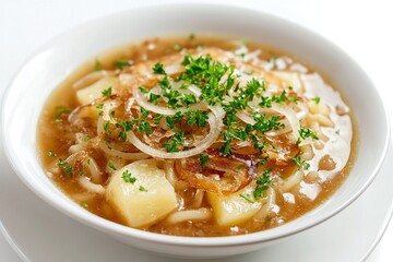 A bowl of &Atilde;&bdquo;lplermagronen (Swiss alpine macaroni) with pasta, cheese, potatoes, and fried onions.