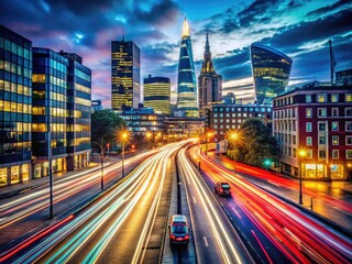 Fototapeta premium Night falls on London; vibrant city lights, blurred motion, a captivating urban timelapse.