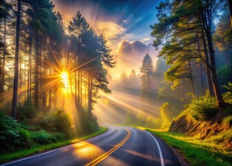 Misty forest road, bathed in golden sunrise rays, offers a peaceful, scenic drive; long exposure captures the magic.