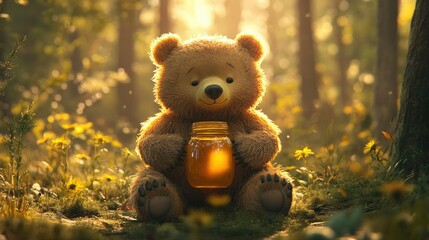 Fototapeta premium Adorable Honey Bear in a Sunlit Forest