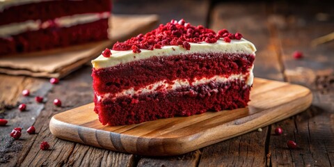 Luscious red velvet cake: macro images showcase decadent texture on a rustic wood background.