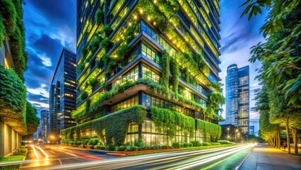 Obraz premium Long exposure reveals the beauty of sustainable design: green office, city garden, eco-building.