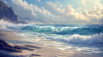 Gentle waves caress the tranquil beach, illuminated by warm sunlight, fostering a serene atmosphere that invites relaxation and blissful moments by the sea. Blissful. Illustration