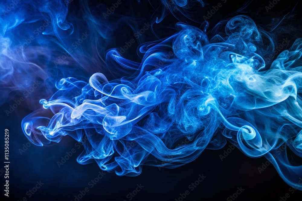 Poster mysterious midnight blue smoke creating a dramatic atmospheric effect in a dark setting with ample c