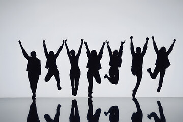 Silhouettes of joyful people jumping in unison, symbolizing celebration, teamwork, and energy, perfect for motivational, corporate, or creative designs with a focus on unity and success