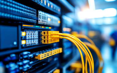 Naklejka premium High-speed data transmission with fiber optic cables data center technology infrastructure indoor environment close-up view connectivity solutions