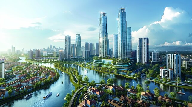 Modern Cityscape with Skyscrapers and Riverfront Development