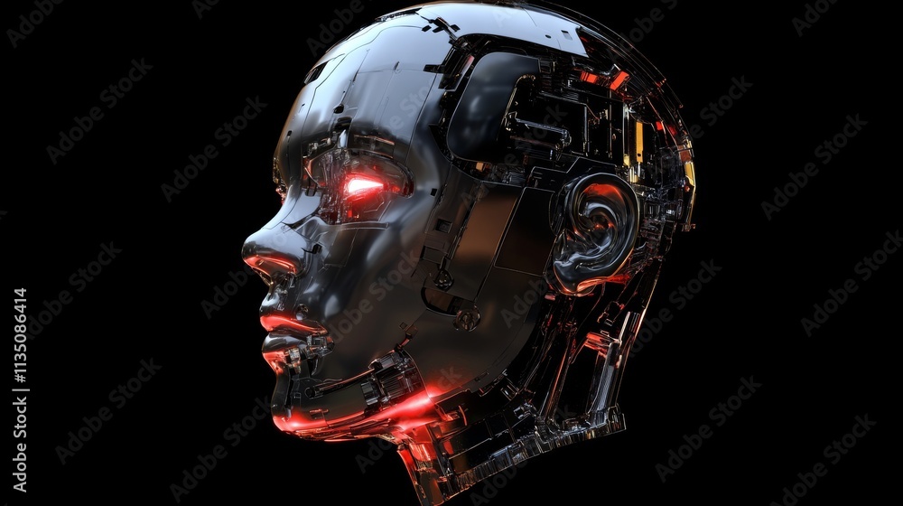Poster a side view of a robotic face with sleek, metallic surfaces and glowing red lights. the dark backgro