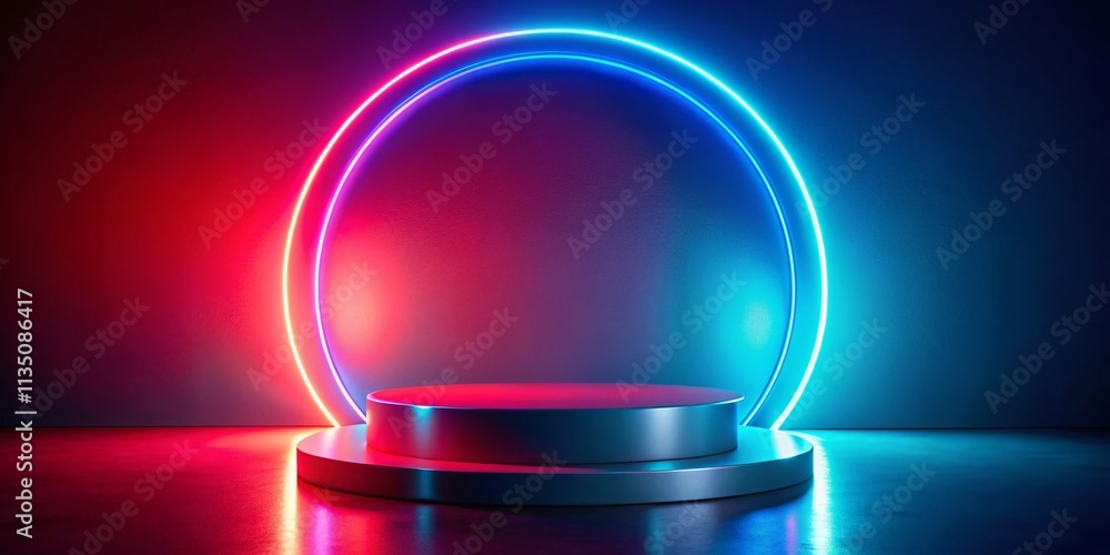 Poster neon circle light display on podium with shadow effects - abstract red and blue elements for product