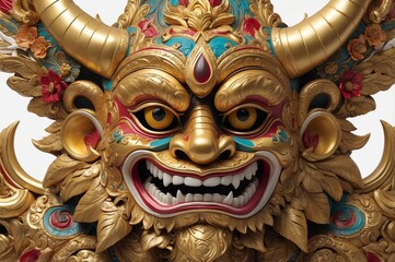 Obraz premium Close-up of a richly detailed, gold and red demonic mask with ornate carvings and vibrant colors.