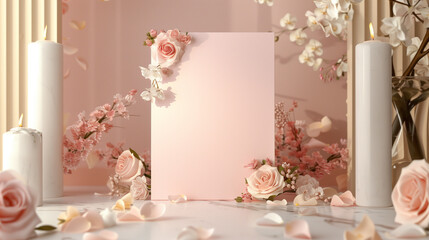 serene and elegant scene featuring blank pink card surrounded by soft pink roses, delicate flowers, and lit candles, creating romantic atmosphere