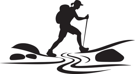 A silhouette of a hiker crossing a shallow stream and balancing on rocks