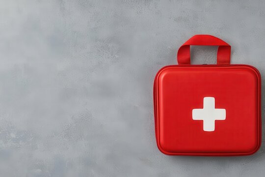 health warning concept. A close-up of a first aid kit with health warning instructions and response guidelines for emergencies