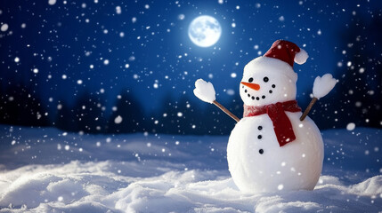 Obraz premium A snowman waving at the camera, a snowy landscape with a blue sky and moon in the background, a winter wonderland theme